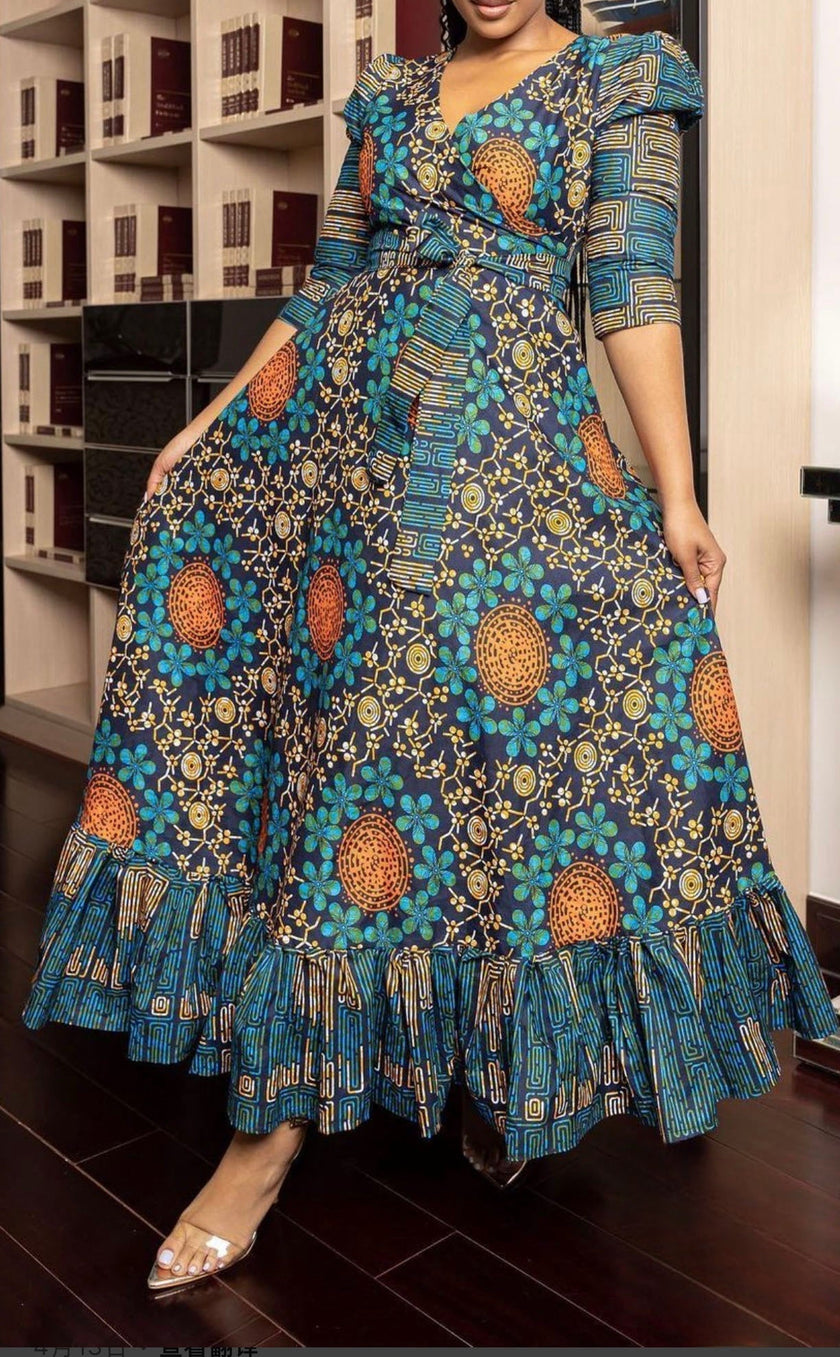 Maxi V-neck ruffle-hem dress with teal, orange African print and short puff sleeves