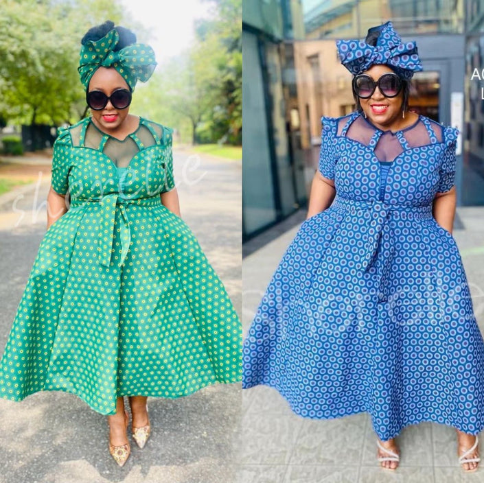 Two patterned midi dress sets with matching headwraps, blue and green