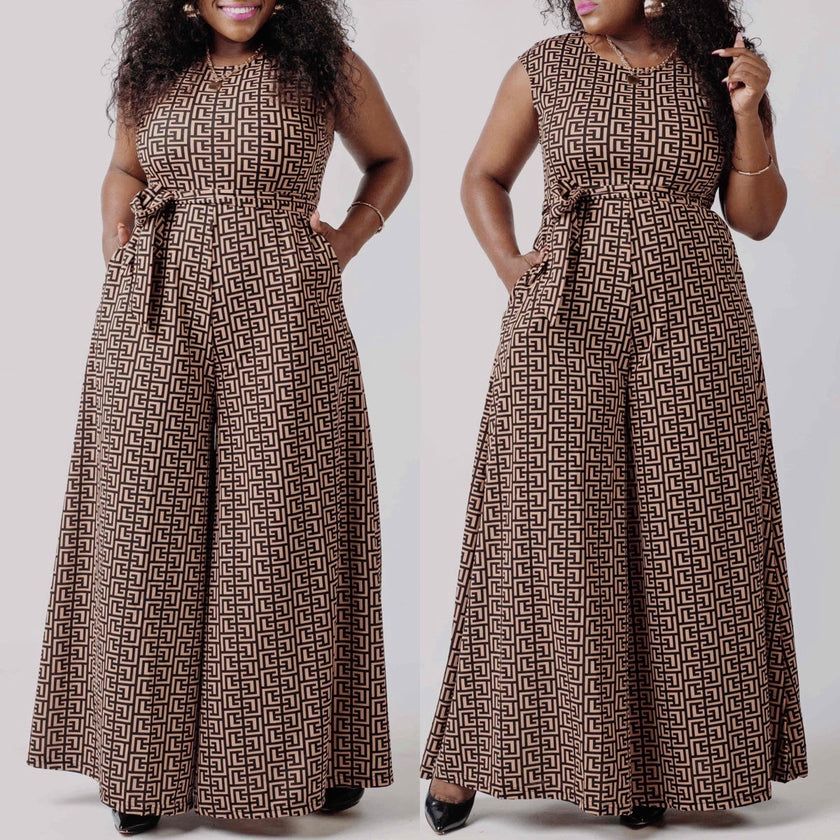 Sleeveless wide-leg printed jumpsuit in dark brown and cream geometric pattern