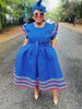 Ruffle Sleeve Dot-Patterned Traditional Dress with Striped Hem Detail