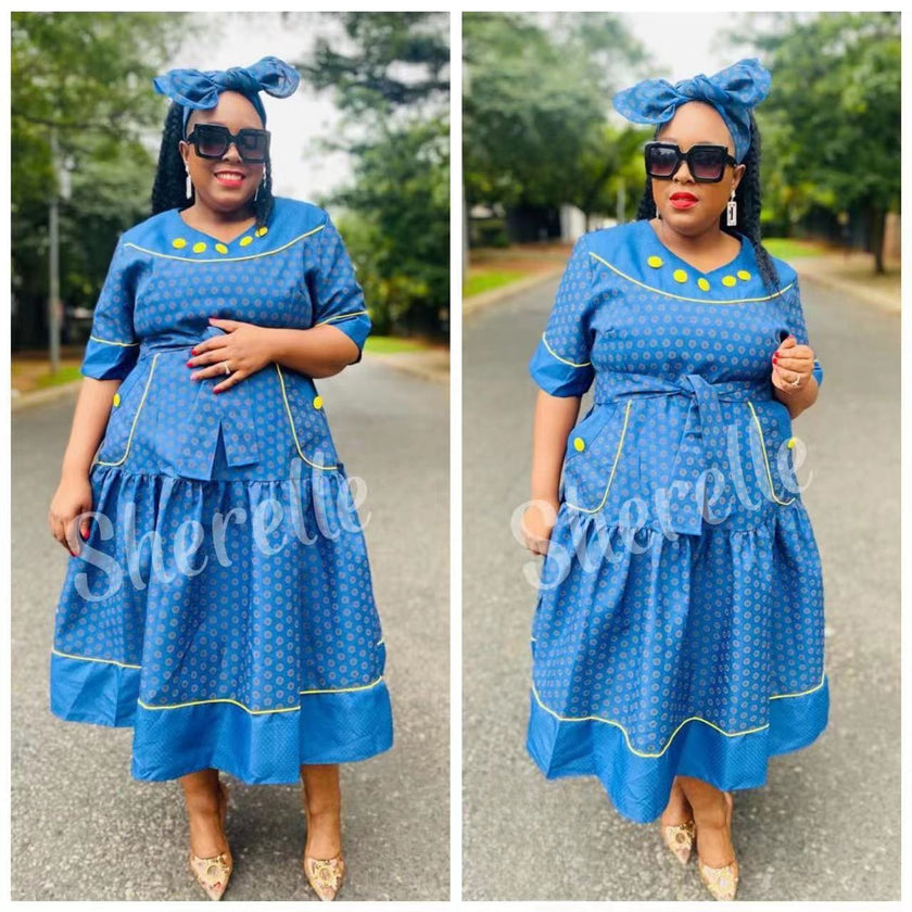 Traditional Dot-Motif Ruffle Dress with Coordinated Headwrap