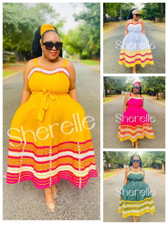 Striped bandeau midi dress in yellow with pink and white wavy stripes and bow