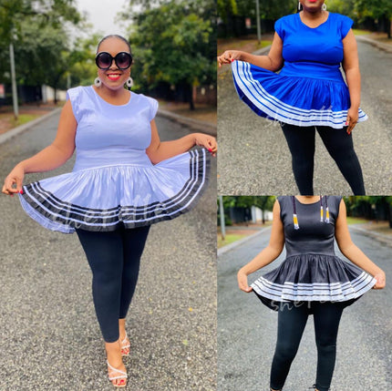 V-neck flared hem top with striped ruffle hem, shown in blue and black