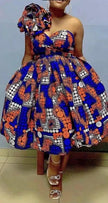 One-shoulder ruffle midi dress in blue patchwork print, gathered waist and full skirt
