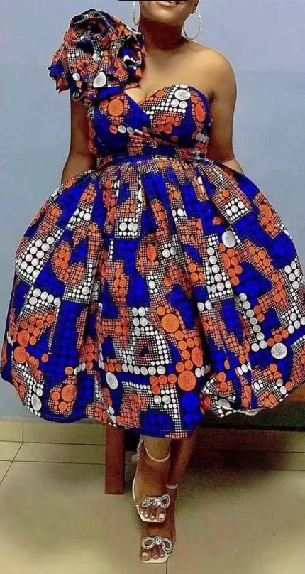 One-shoulder ruffle midi dress in blue patchwork print, gathered waist and full skirt