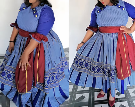 Traditional Geometric Patterned Flare-Skirt Dress with Round Neckline