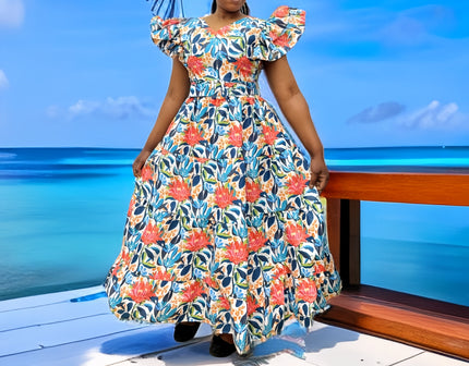Floral maxi dress with puff sleeves and tiered ruffle skirt, cinched waist