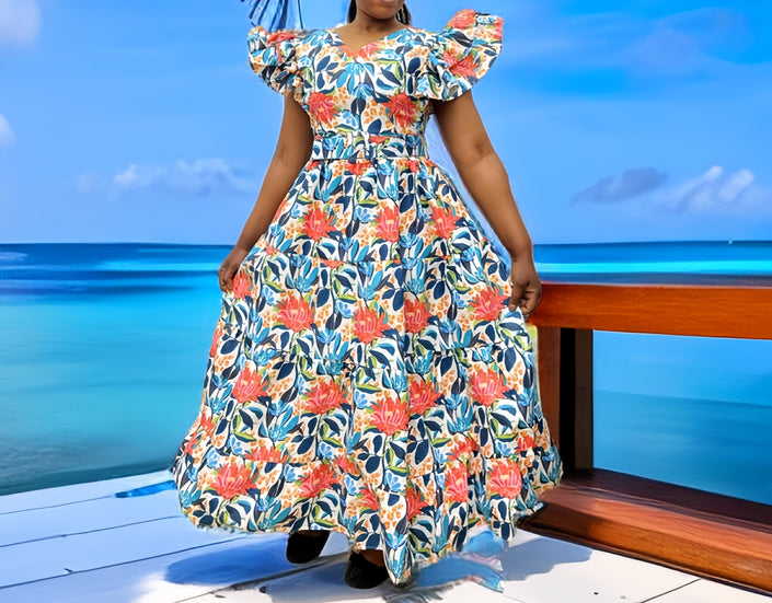Floral maxi dress with puff sleeves and tiered ruffle skirt, cinched waist