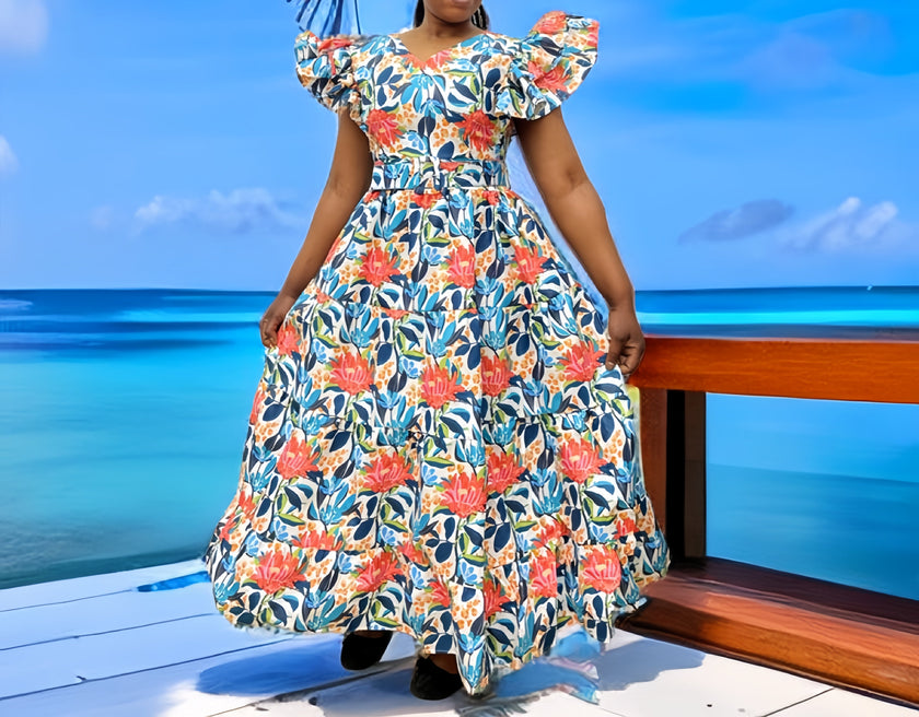 Floral maxi dress with puff sleeves and tiered ruffle skirt, cinched waist