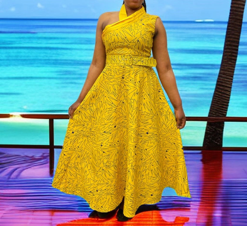 Yellow geometric one-shoulder A-line maxi dress with sleeveless bodice
