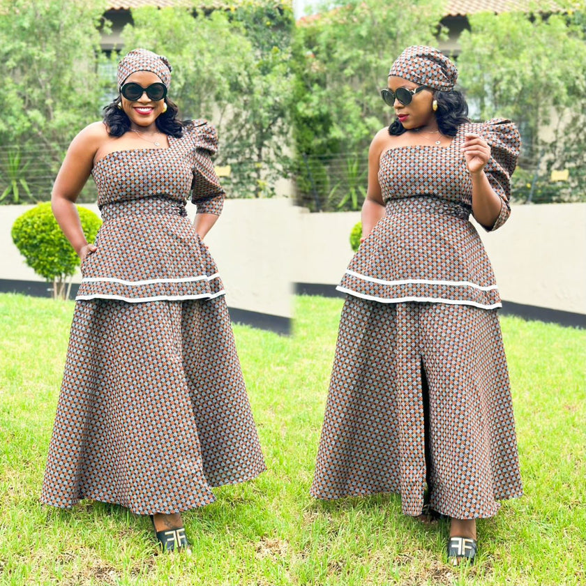 Traditional Geometric Patterned Tiered Dress with Head Wrap Set