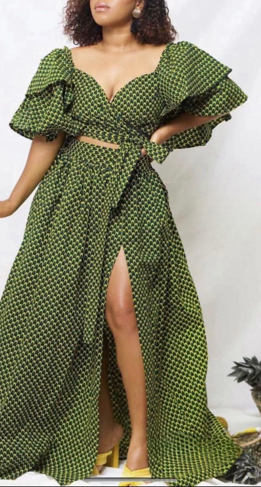Green patterned maxi dress with puff sleeves, square neckline, waist tie, front slit