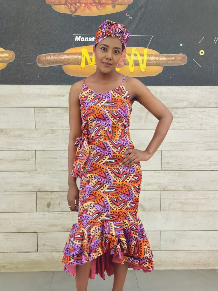 Geometric Pattern Sleeveless Dress with Flounce Hem and Headband Set