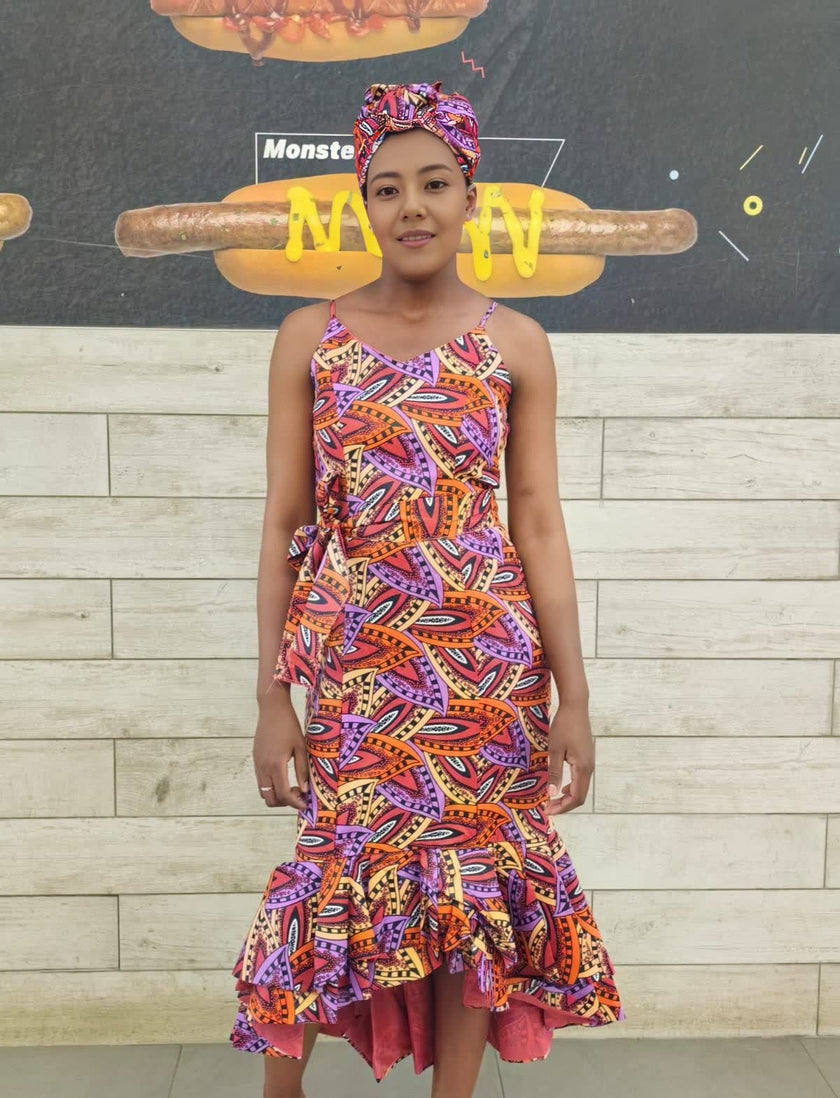 Geometric Pattern Sleeveless Dress with Flounce Hem and Headband Set