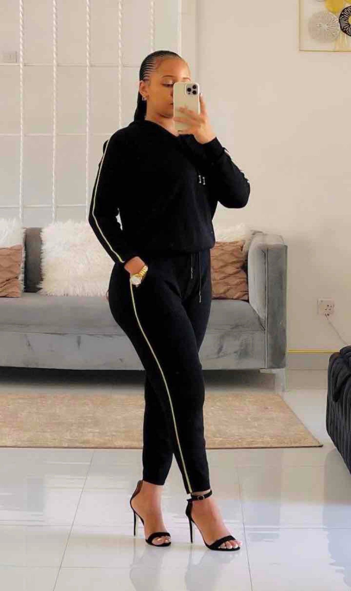 FashionPrice twin set hoodie and pants, black with side stripe detail and drawstring waist