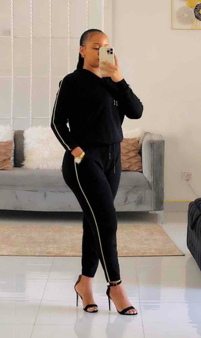 FashionPrice twin set hoodie and pants, black with side stripe detail and drawstring waist