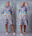 Diamond Motif Printed Dress with High Collar and Ruffle Detailing