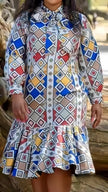 Diamond Motif Printed Dress with High Collar and Ruffle Detailing