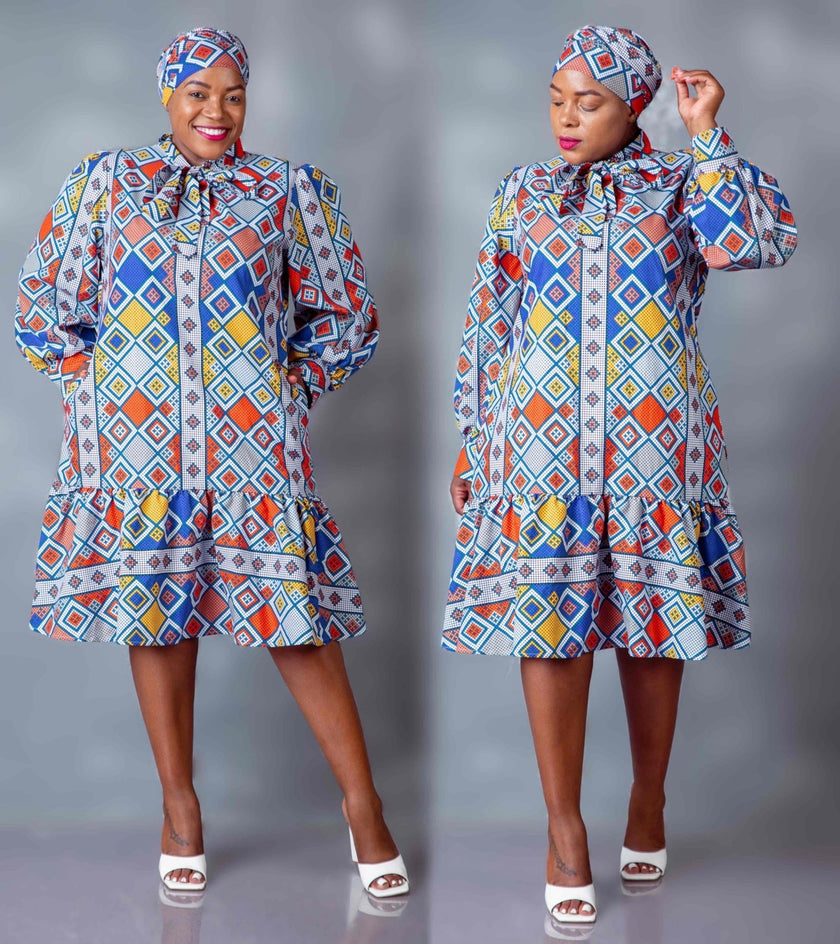 Diamond Motif Printed Dress with High Collar and Ruffle Detailing