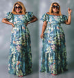 Tropical Leaf Print Ruffle Sleeve Maxi Dress
