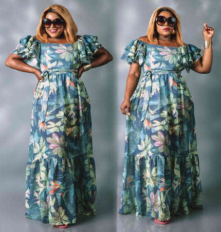 Tropical Leaf Print Ruffle Sleeve Maxi Dress