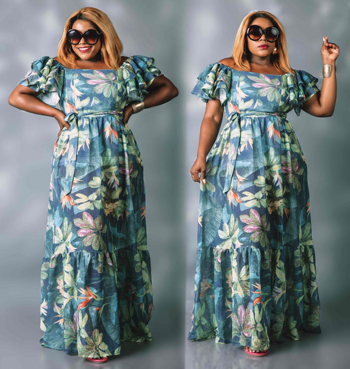 Tropical Leaf Print Ruffle Sleeve Maxi Dress