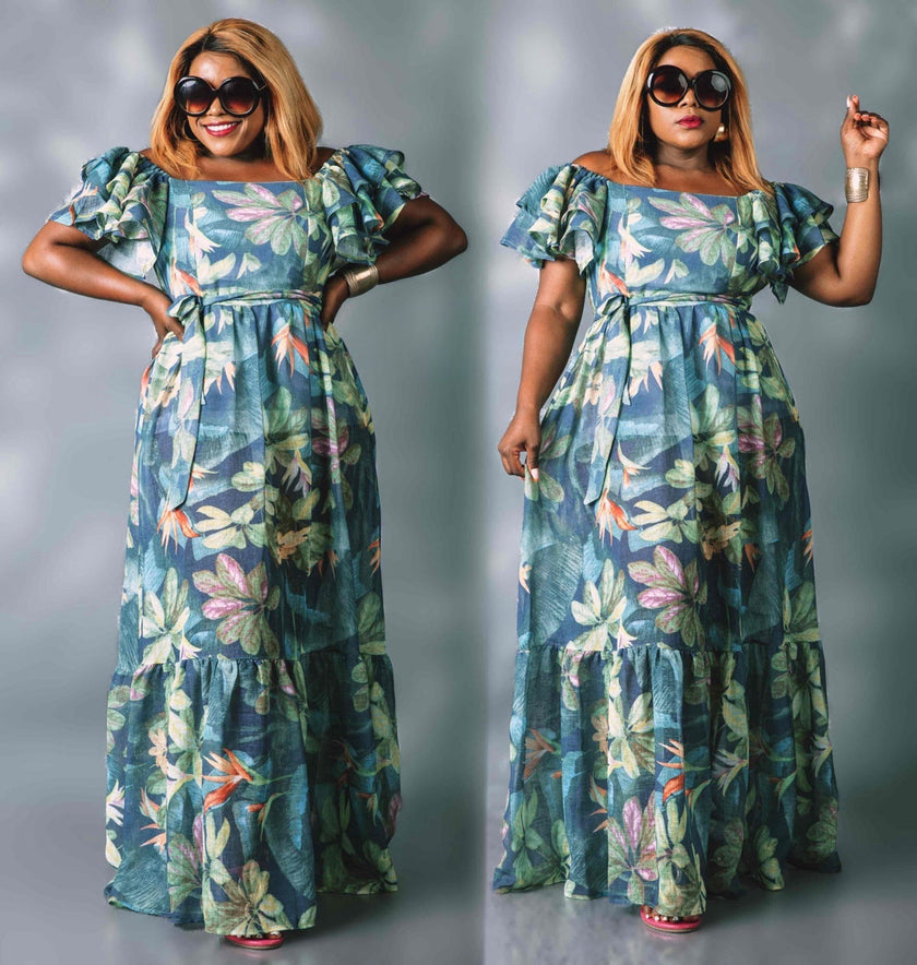Tropical leaf print maxi dress, ruffle sleeves, tiered skirt, blue multicolor
