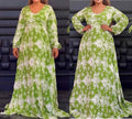 Plus size maxi dress, green with white floral print, long sleeves, flowing fit