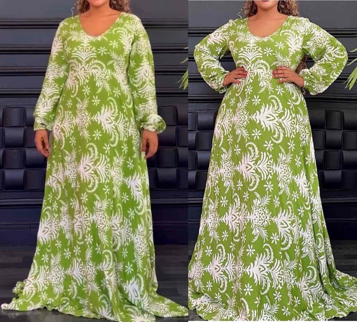 Plus size maxi dress, light green with white floral print, long sleeves and V-neck