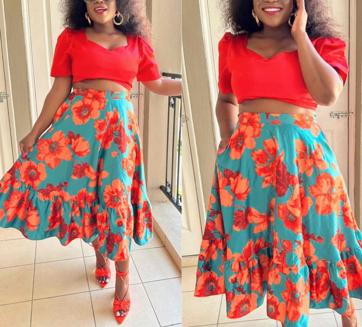 Floral Pattern Puff Sleeve Top & Ruffled Hem Flared Skirt Set