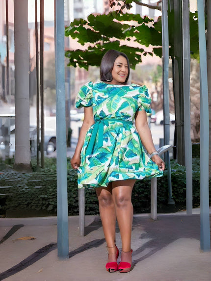 Tropical Leaf Print Short-Sleeve Dress with Tie Waist