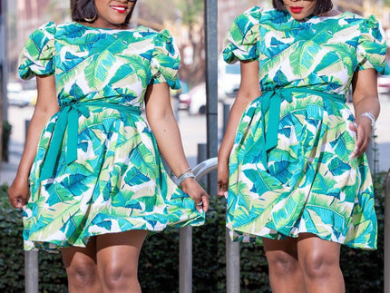 Tropical Leaf Print Short-Sleeve Dress with Tie Waist