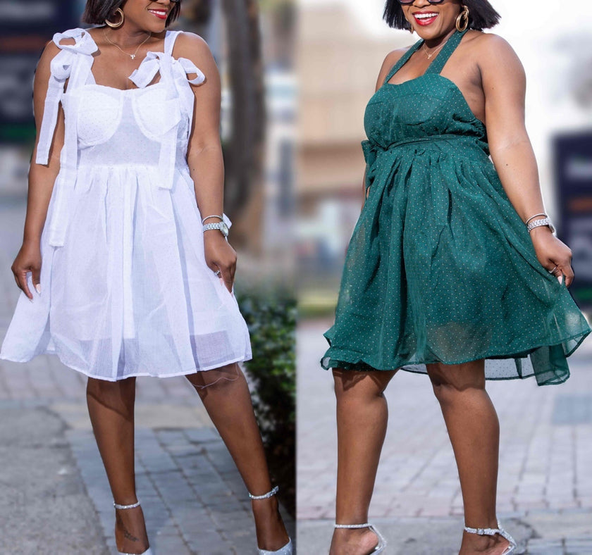 White and green halter tie-waist mini dresses with flared skirts