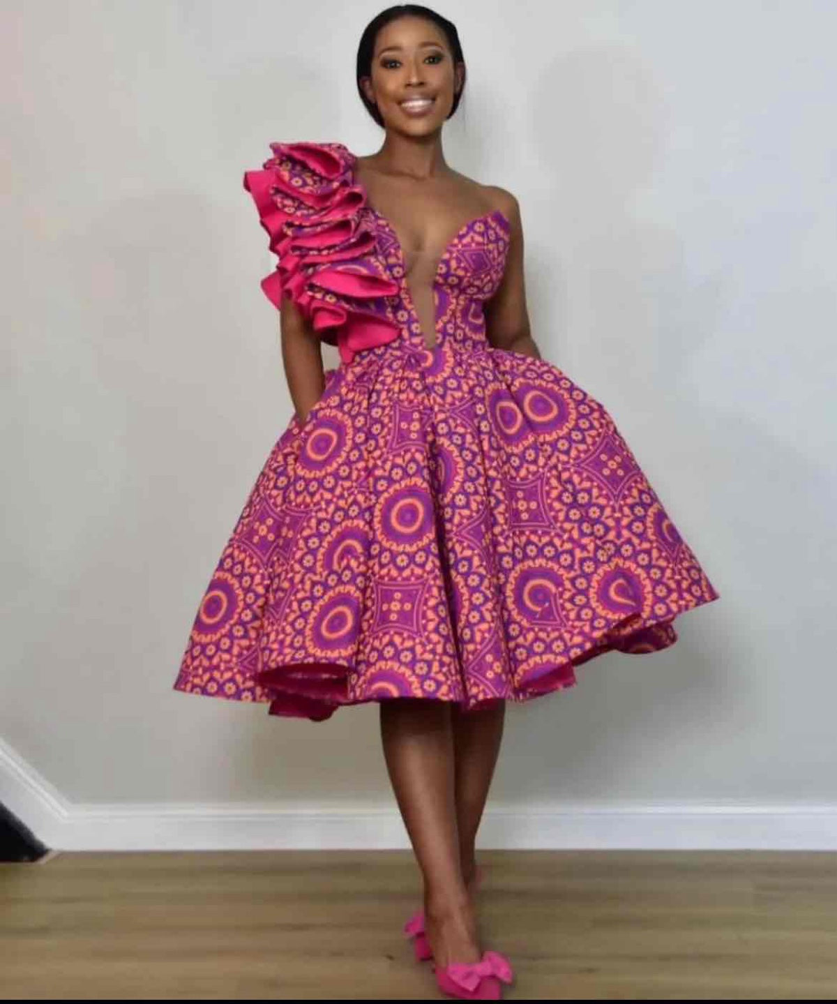 Ruffle One Shoulder Dress  African Print