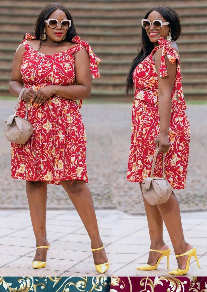 Red off-shoulder floral dress with ruffle sleeves and fitted bodice