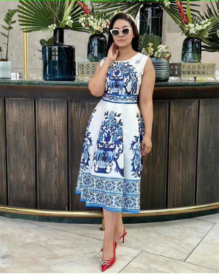 White and blue printed midi A-line dress with short sleeves