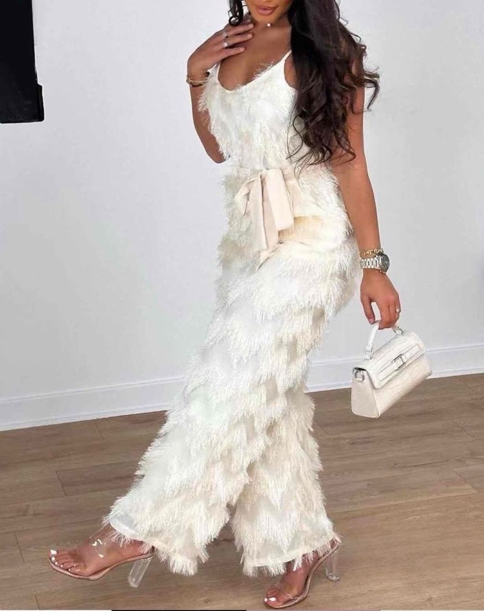White textured belted jumpsuit with fringed overlay and sleeveless V-neck