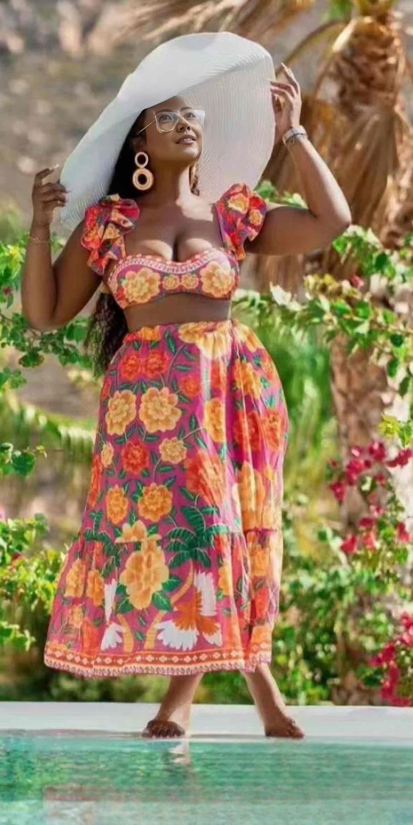 Off-shoulder floral midi dress with puff ruffle sleeves and fitted bodice