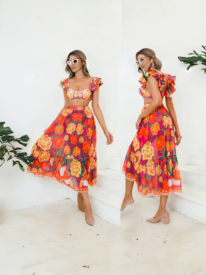 Floral off-shoulder midi dress with ruffled sleeves, colorful multicolor print
