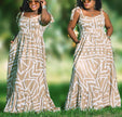 Geometric maxi dress with puff sleeves, tiered skirt, beige with white abstract pattern