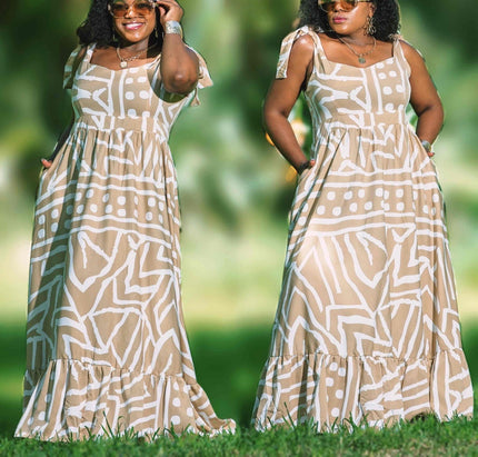 Geometric maxi dress with puff sleeves, tiered skirt, beige with white abstract pattern