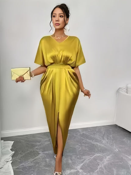 Light-yellow satin midi dress with V-neck, short sleeves, ruched high waist and slit