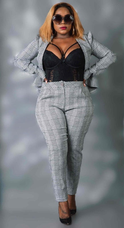 Checked blazer and slim trousers set, gray-and-white plaid