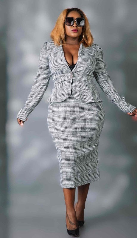 Checkered two-piece skirt suit with peplum jacket and fitted pencil skirt, long sleeves