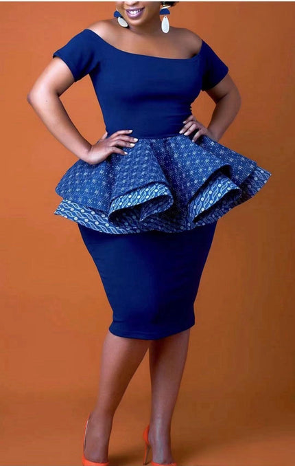 Blue peplum dress with square neckline, short sleeves, and patterned ruffle hem