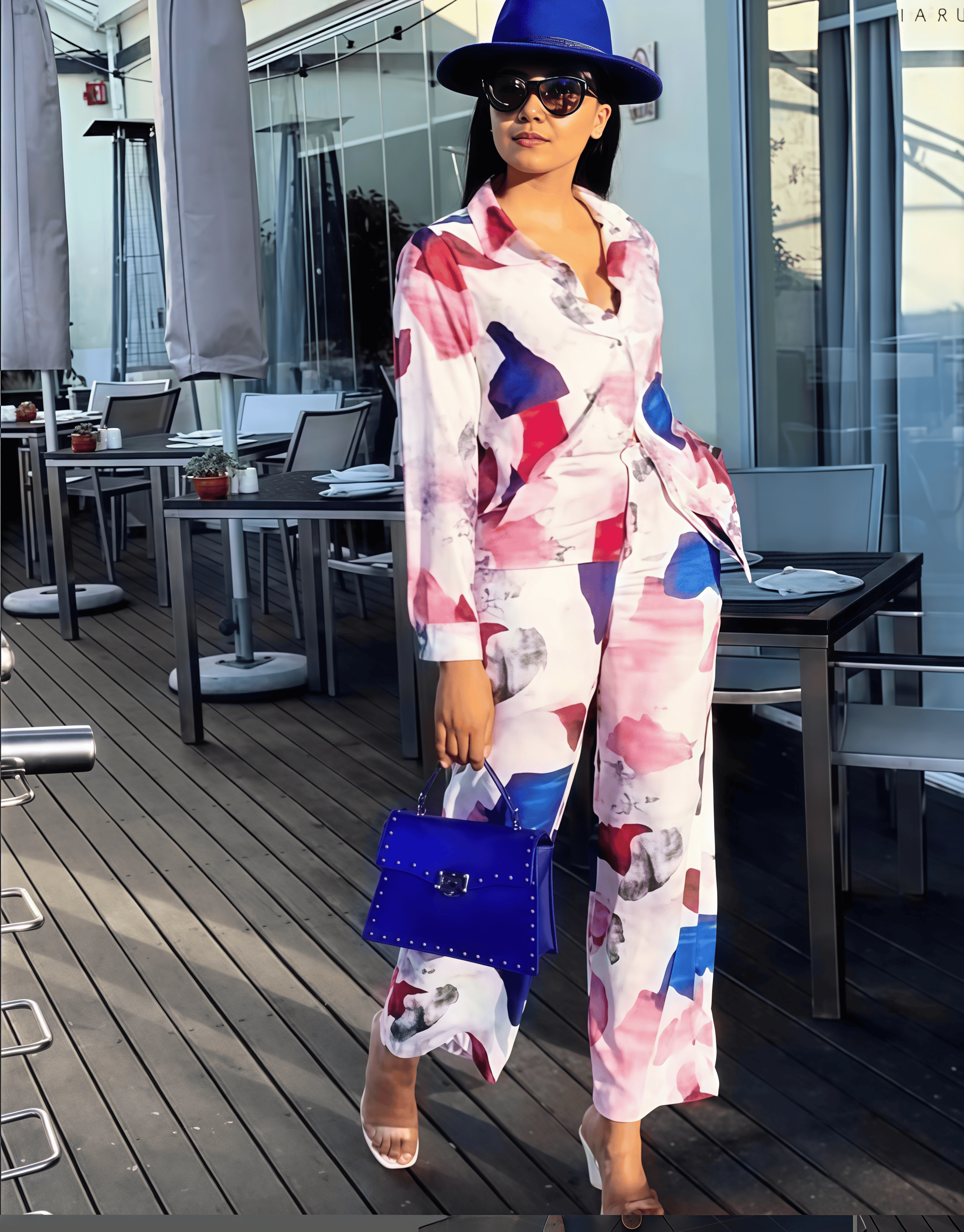 Abstract printed loose top and trouser set, pink and blue with white blocks