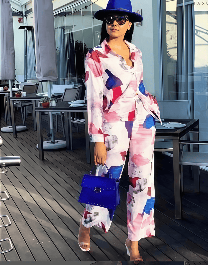 Abstract printed loose top and trouser set, pink and blue with white blocks