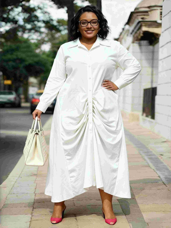 White ruched button-front maxi dress with long sleeves and gathered waist