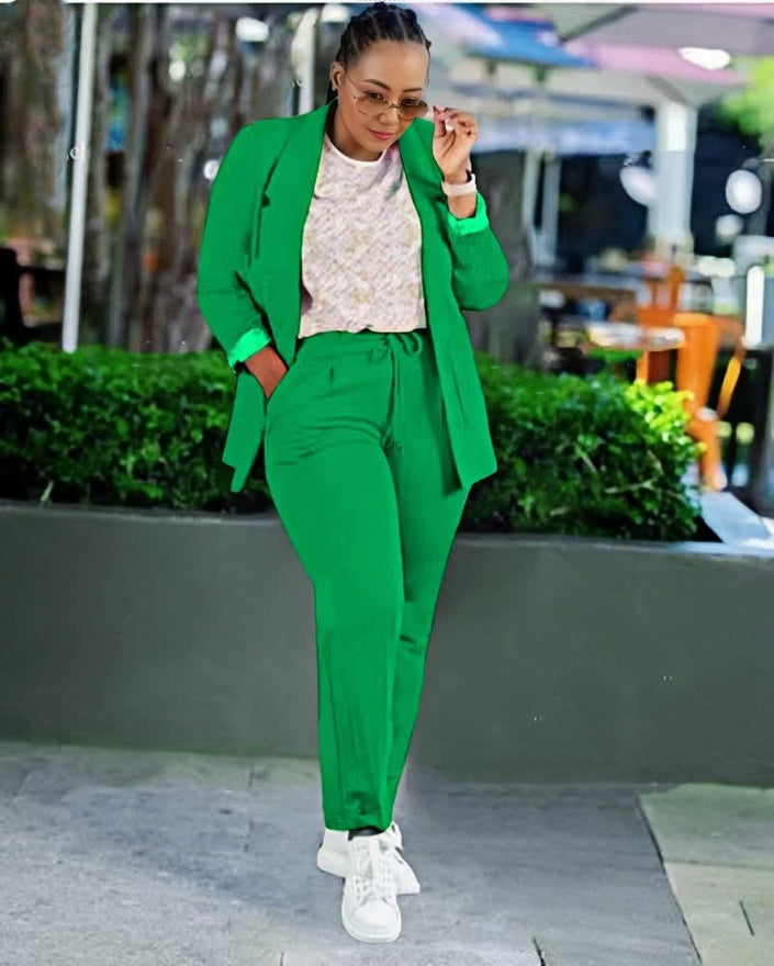 Twin-Set aus Blazer und Hose, grünes Sakko-Set mit abgestimmtem Hosenbein