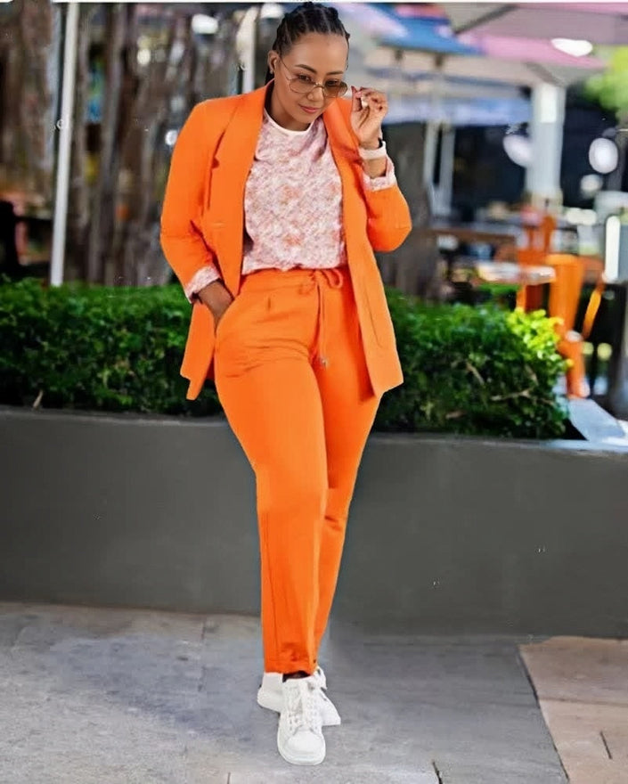 Twin-Set aus Blazer und Hose, orangefarbenes Set mit längerem Blazer und Hose
